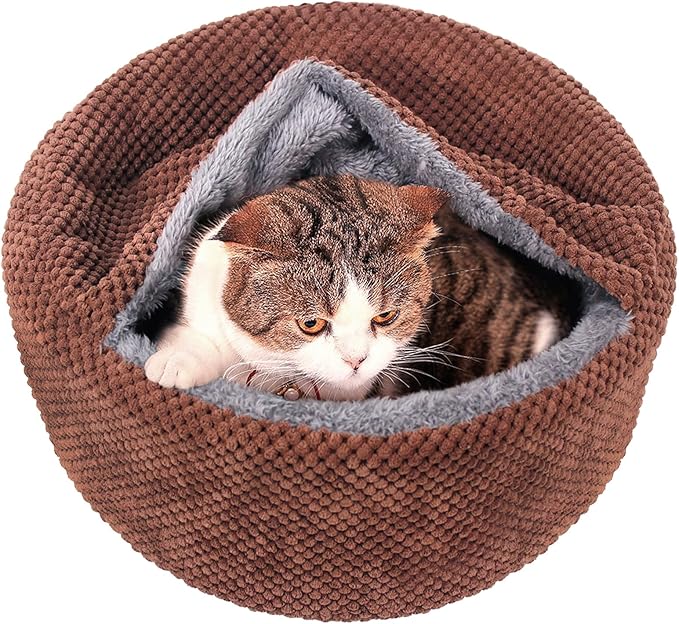 Winsterch Washable Cat Bed - Round Soft, Cozy & Warming for Indoor Cats. Calming Kitten Pet Bed. Small Pet Covered Cat Cave Beds (Coffee,12.59 x 12.59 x 5.91 in)