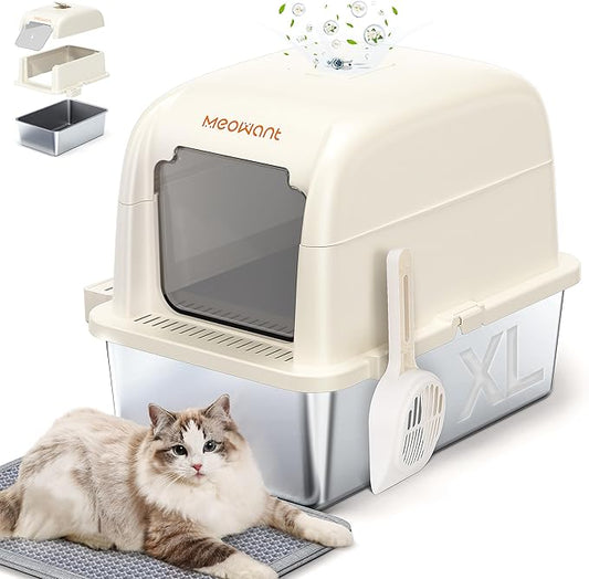 Meowant Stainless Steel Cat Litter Box, Extra Large 3-in-1 Enclosed/Open Top Metal Litter Box with Lid, Odorless Cat Litter Pan with High Sides for Big Cats, Non-Sticky, Anti-Leakage, Easy Cleaning