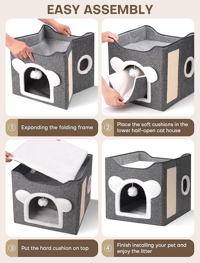 Cat Houses for Indoor Cats, Large Cat Cave with Fluffy Ball and Scratch Pad, Covered Cat Bed House, Foldable Cat Hideaway