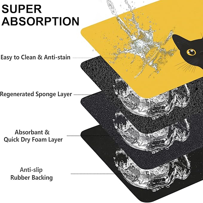 Cute Black Cat Peeking Dog Cat Food Mat-Absorbent Placemat for Food and Water Bowl, Waterproof Non Slip Rubber Backing Dog Food Mats for Floors, Pet Supplies 12 * 20 inch