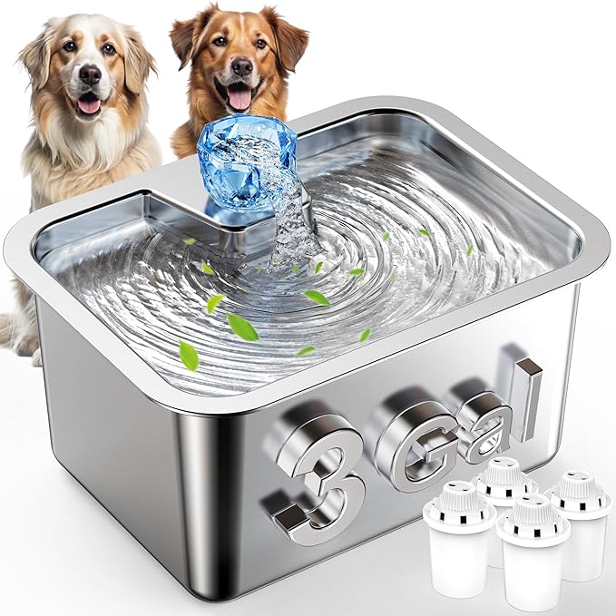 Large Dog Water Fountain Stainless Steel,3 Gallon Extra Big Pet Water Fountain for Large Dogs with 4 Filters,Automatic Dog Water Bowl Dispenser Drinking Fountains,Easy to Clean,Quiet Pump