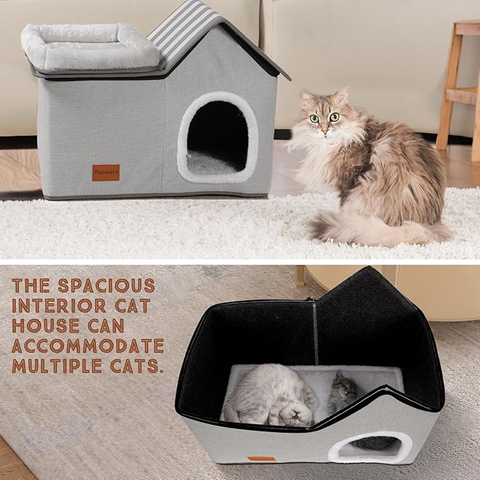 Topmart Cat House With Bed - Large Indoor Condo, 2-in-1 Pet Bed for Kittens and Small Cats, Grey