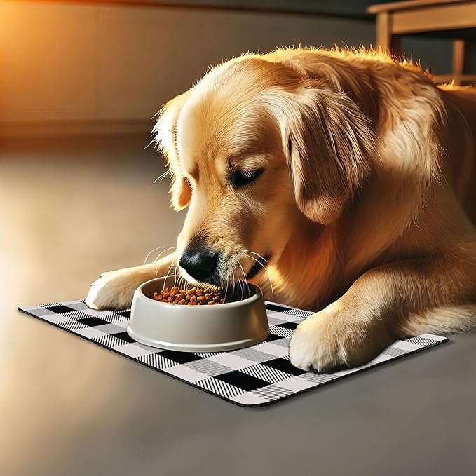 Lunarable Plaid Pet Mat for Food and Water, Monochrome Traditional Lumberjack Pattern Repating Checkered Squares Design, Non-Slip Rubber Mat for Dogs and Cats, 18" X 12", Grey Black