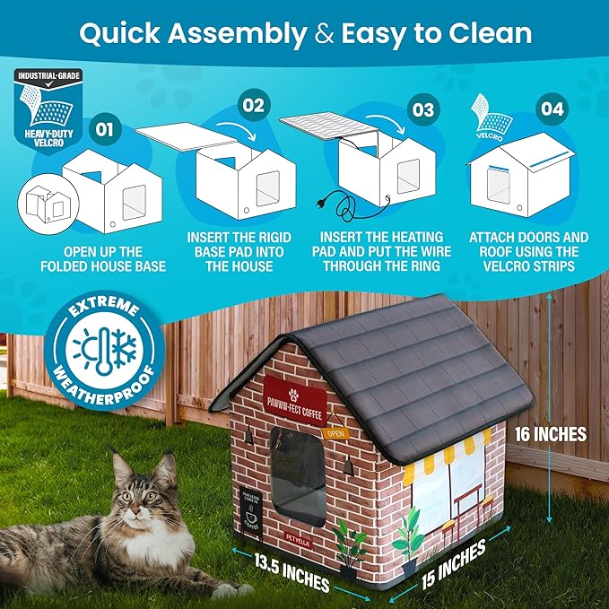 Weatherproof Outdoor Cat Shelter - Heated Cat House for Outside - Waterproof
