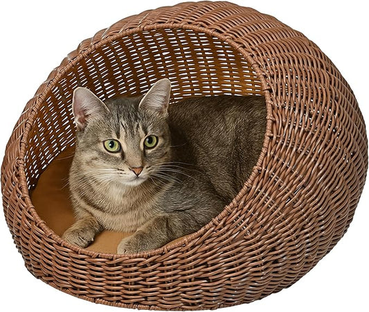 CBD3000B Fiora 19.5" x 18" Modern Circular Faux Wicker Pet Bed with Machine-Washable Cushion, Cat Beds for Indoor Cats, Brown