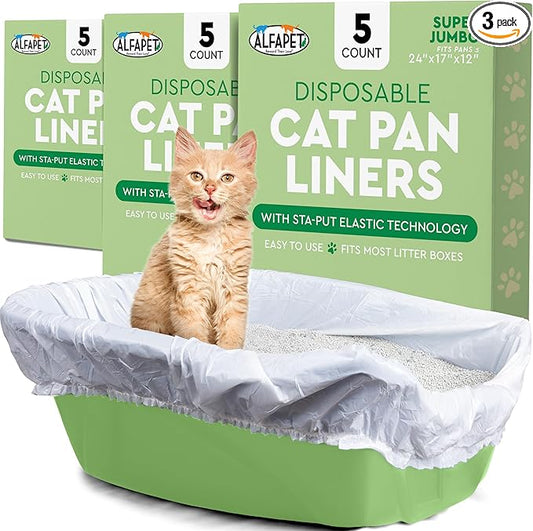 Alfapet Elastic Cat Litter Box Liners - Super Jumbo 15Count - Tear-Resistant Cat Litter Bags, Waterproof Kitty Litter Liners - Fits Litterbox Pan Sizes X-Giant, Jumbo, 42" x 20" x 2 MIL 30 lb Capacity