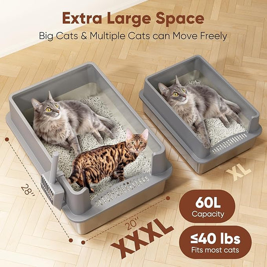Extra Large Stainless Steel Litter Box with Lid, XXXL XXL Metal Litter Box for Big Cats & Kitty, 28”L x 20”W x 12”H Enclosed Cat Litter Boxes, Never Absorbs Odors, Anti-Urine Leakage, Easy Cleaning