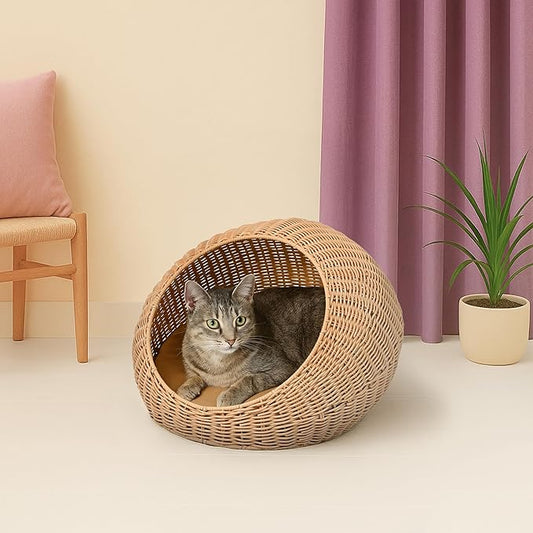 CBD3000A Fiora 19.5" x 18" Modern Circular Faux Wicker Pet Bed with Machine-Washable Cushion, Cat Beds for Indoor Cats, Natural