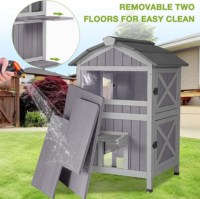 GUTINNEEN Cat House Outdoor Weatherproof Feral Cat Shelter with Removable Floor, 2-Story Wooden Kitty House with Escape Doors and Window