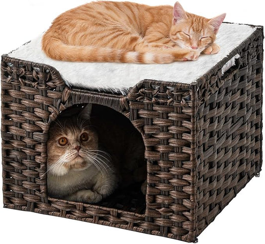 Cat Beds Indoor Kitten House, Handwoven Rattan Cat Cave Pet Cube, Large Cat Houses, One Bed Mat, Foldable, Hideaway, 16.5x16.5x13.2 Inches, 2 S-Shaped Hooks in Living Room Bedroom Brown