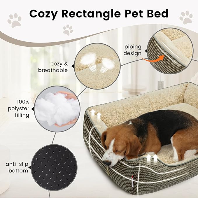 Miguel Dog Bed with Removable Cushion/Pillow for Medium Small Dogs, Washable Pet Bed with Side Easy to Wash Puppy Bed, Large Rectangle Cat Bed for Indoor Cat with Anti-Slip Bottom, Khaki 35 Inch