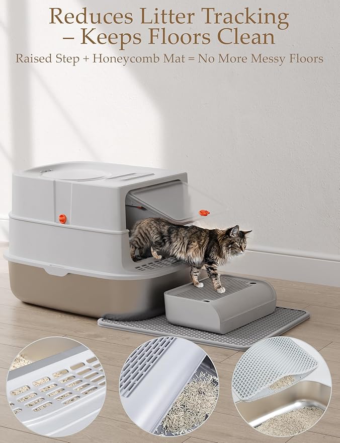 Stainless Steel Litter Box with Lid, Extra Large Enclosed Cat Litter Box for Big Cats, Anti-Leakage Metal Kitty Box with High Sided Enclosure, Scoop, Pedal & Non-Slip Mat, Easy to Clean