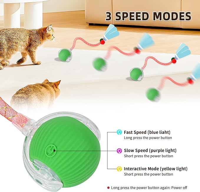 Interactive Cat Toy Ball for Indoor Cats, 2025 New Fast Self Rolling Ball Cat Toy on Carpet, Smart Interactive Automatic Cat Toy Ball for Gifts, Moving Cat Toy with Elastic Mesh Tail(Green)