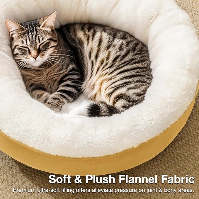 Love's cabin Yellow Round Donut Cat Bed, 20x20in, Soft Durable Fabric, Anti-Slip Water-Resistant, Washable Pet Bed