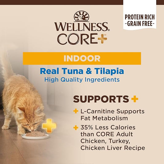 Wellness CORE+ Indoor Pate Adult Wet Cat Food, Natural, Protein-Rich, Grain Free, 2.8 Ounce, 12 Pack (Tuna & Tilapia)