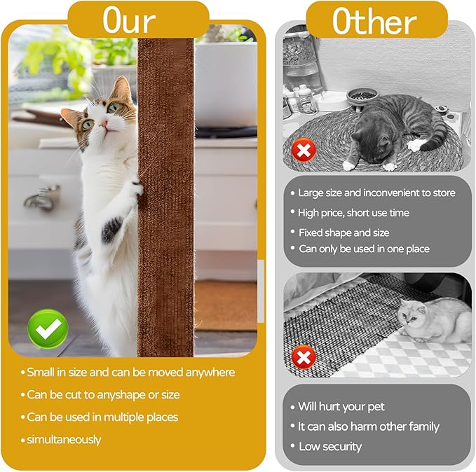 Cat Scratching Mat, Self-Adhesive Cat Scratching Carpet, Trimmable at Scratch Furniture Protector for Cat Tree Shelves, Cat Scratching Post Couch Protector (2PCS, Brown)