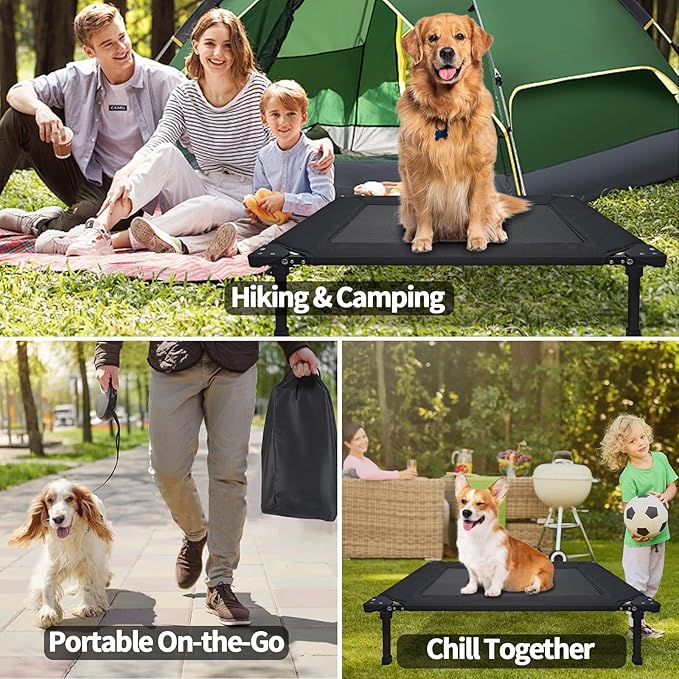 Pozico Elevated Outdoor Dog Bed - Foldable Cooling Dog Cot with Metal Frame, Portable Camping Pet Bed for Medium & Small Dogs, Breathable Mesh for Indoor & Outdoor Use, Black - L