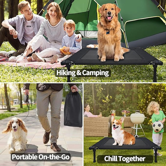 Pozico Elevated Outdoor Dog Bed - Foldable Cooling Dog Cot with Metal Frame, Portable Camping Pet Bed for Large & Medium Dogs, Breathable Mesh for Indoor & Outdoor Use, Black - XL