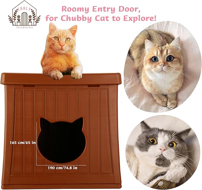 Heavy Duty Cat House Waterproof, Hidden Cat Litter Box Enclosure with Flip Lid for Easy Cleaning, Extra Thick Insulated Cat House Outdoor, Winter Feral Cat Shelter Weatherproof, Caramel