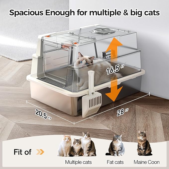 XXXL Stainless Steel Litter Box with Lid,28" L x 20.5" W x 16.5" H Extra Large Cat Litter Box Enclosure for Large and Multi-Cats Families,Non-Sticky, Anti-Leakage, Easy to Clean(White)