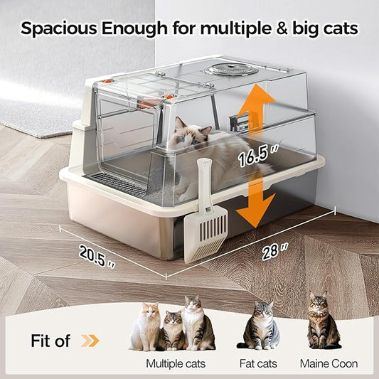 XXXL Stainless Steel Litter Box with Lid,28" L x 20.5" W x 16.5" H Extra Large Cat Litter Box Enclosure for Large and Multi-Cats Families,Non-Sticky, Anti-Leakage, Easy to Clean(White)