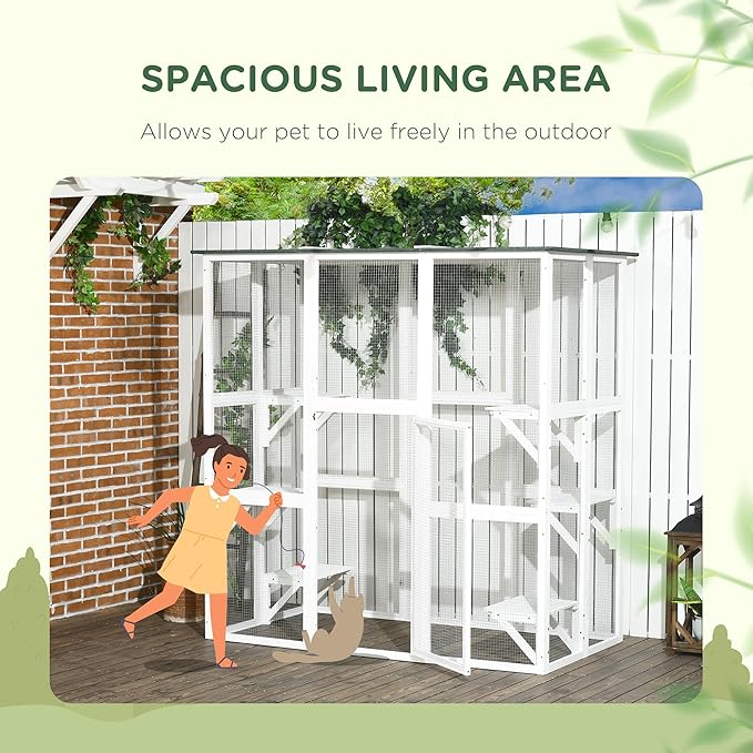 PawHut Outdoor Cat House Big Catio Wooden Feral Cat Shelter Enclosure with Large Spacious Interior, 6 High Ledges, Weather Protection Asphalt Roof, 71" L, White