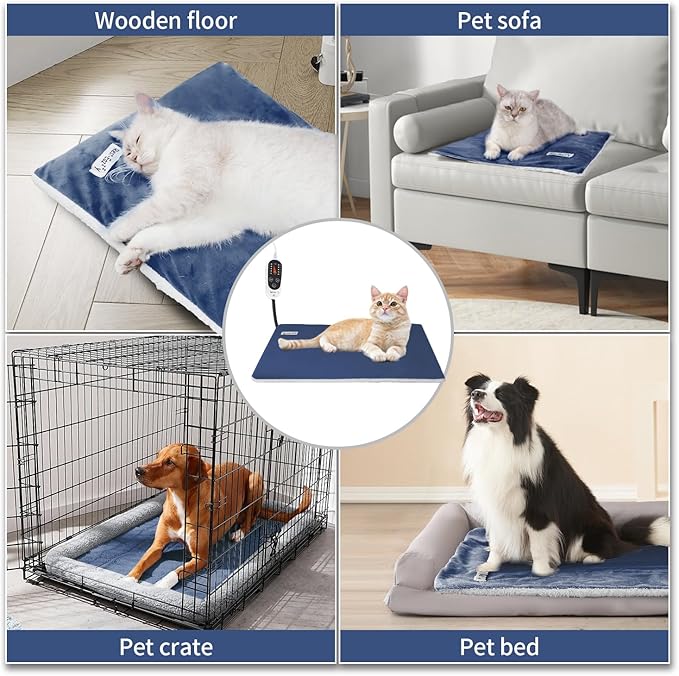 Rest-Eazzzy Cat Heating Pad, Cat Bed with Removable Cover Heated Cat Bed 5 Level Timer and 5 Level Temperature, Cat Beds for Indoor Warming Mat for Cat Dog (Heat pad, Pure-Blue,L)