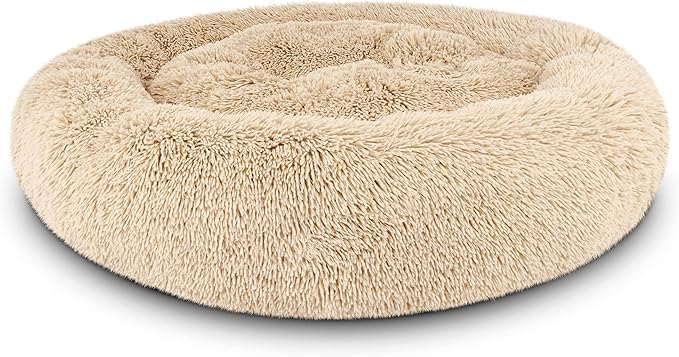The Dog’s Bed Sound Sleep Donut Dog Bed, Large Dog Beige Fur Calming Nest Bed, Veterinary Approved