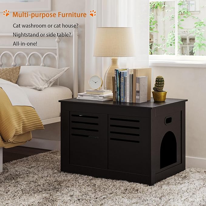 DINZI LVJ Litter Box Enclosure, Flip Top Litter Box Furniture, Good Ventilation, Hidden Cat Washroom, 27.6" L x 19.7" W x 19.7" H, Entrance Can Be on Left/Right, Wooden Cat House, Espresso