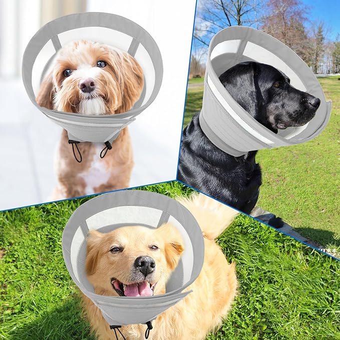 SAWMONG Soft Dog Cone for Medium Dogs, Adjustable Pet Recovery Collar to Stop Licking, Comfy Elizabeth E-Collar for Dogs After Surgery Alternative (M,Grey)