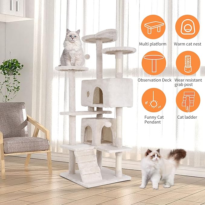 BestPet 54in Multi-Level Cat Tree Tower Furniture Activity Center with Scratching Posts, Toys and Condo for Indoor Kittens, Beige