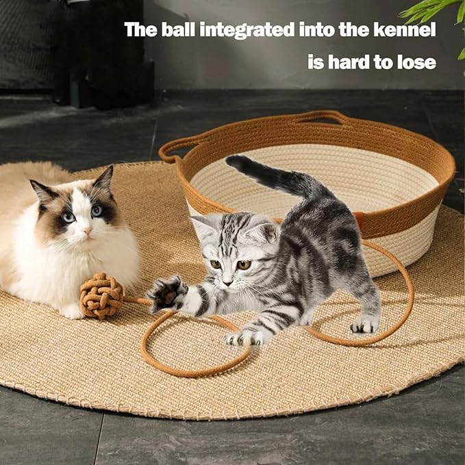 Cutypet Cat Basket, Cuty Pet Basket, Handwoven Cotton Rope Cat Bed, cat Scratch Bed with Built-in Teasing Ball, Breathable & Easy to Clean and Detachable Pad (Gray, Small)