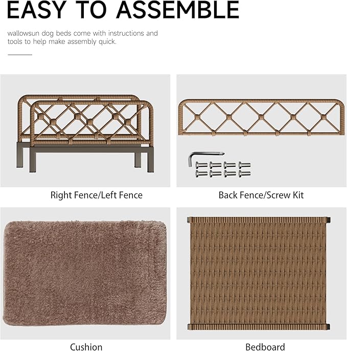 Dog Bed with Cushion, Cooling Elevated Raised Beds with Rattan Breathable Mesh and Universal Mat, Indoor & Outdoor Pet Cots for Large Dog, Brown