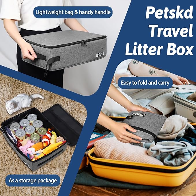 Petskd Portable Cat Travel Litter Box with Lid and 10 pcs Disposable Liner Bags, Leak-Proof and Collapsible, Cat Travel Essentials for Car, Hotel, Airplane and Other Outdoor Use(Grey)