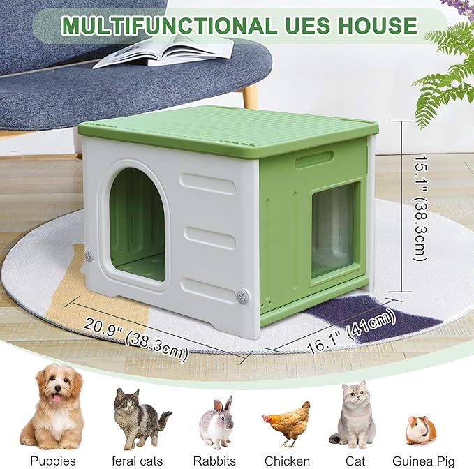 Plastic Cat House for Outdoor Indoor Use, Feral Cat Shelter Indoor Stackable Cat House Insulated Weatherproof Waterproof with Mat-Green