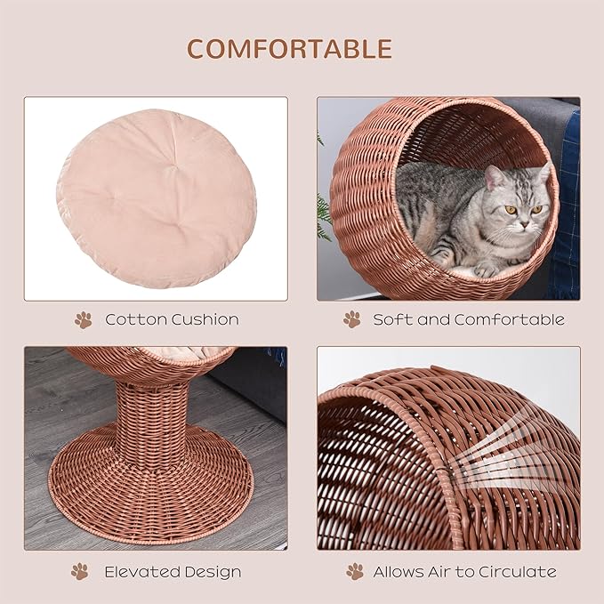 PawHut Elevated Cat Bed with Rotatable Egg Chair Pod, Cat Basket Bed with Thick Cushion, Natural Mat Grass Woven Kitty House, Brown