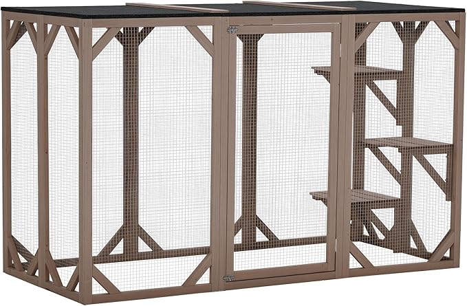 PawHut Outdoor Cat House, Catio Wooden Feral Cat Shelter, Cat Cage with Platforms, Large Enter Door, Weather Protection Asphalt Roof, 71" L, Brown