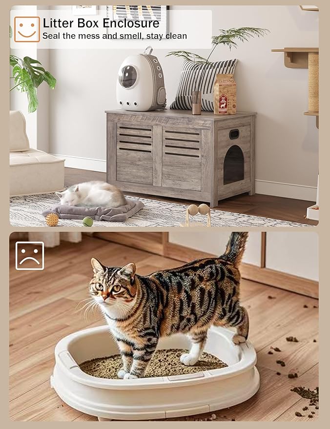 DINZI LVJ Litter Box Enclosure, Flip Top Litter Box Furniture, Hidden Cat Washroom, Wooden Cat House, End Table, 31.5" L x 19.7" W x 19.7" H, Good Ventilation, Easy to Assemble, Greige