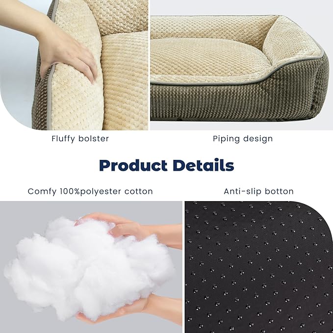 Miguel Cat Bed for Indoor Cats Washable Removable Cover - Small Pet Bed with Side Square Dog Bed Rectangle Soft Puppy Bed Bolster Cuddle Kitten Bed with Wall Slip-Resistant Bottom, Khaki 20 Inch