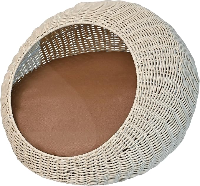 CBD3000C Fiora 19.5" x 18" Modern Circular Faux Wicker Pet Bed with Machine-Washable Cushion, Cat Beds for Indoor Cats, White