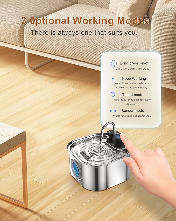 Stainless Steel Cat Water Fountain,108 oz/3.2 L Automatic Wireless Pet Water Fountain,Battery Operated Wireless Cat Fountain