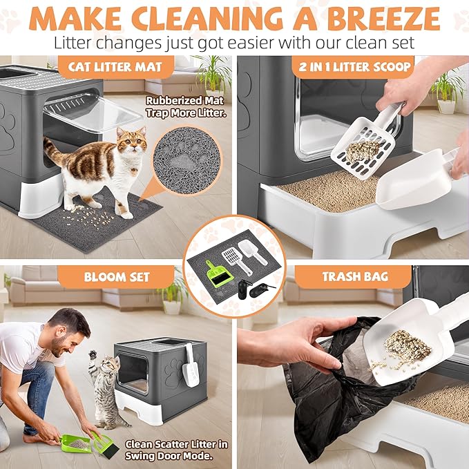 Cat Litter Box with Litter Mat, Foldable Extra Large Free in and Out/One-Way with Lid, Drawer Type Enclosed Kitty Litter Box,Odor Control Anti-Splashing Easy Cleaning (Dark Grey)