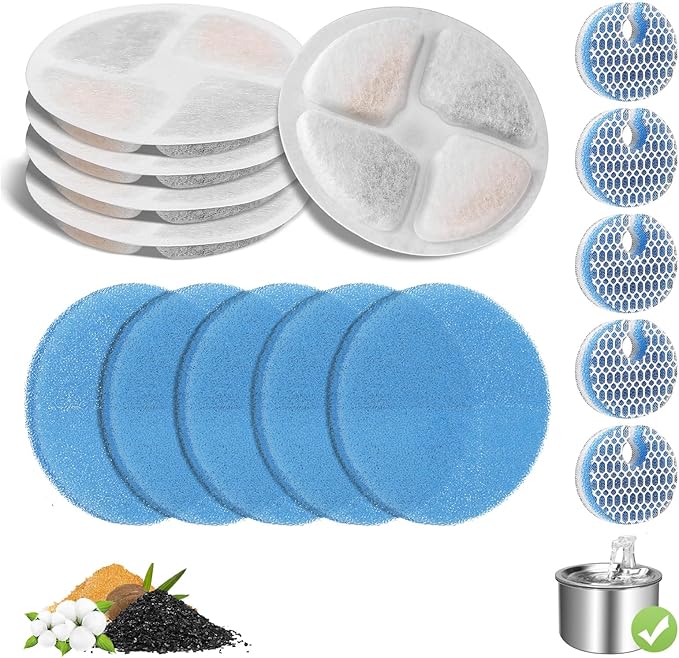 5 Pack Cat Fountain Filter Replacement for Round 2.2L/73oz Automatic Pet Water Fountain, Stainless Steel Cat Water Fountain Filters, Triple Filtration System, Activated Carbon Filters