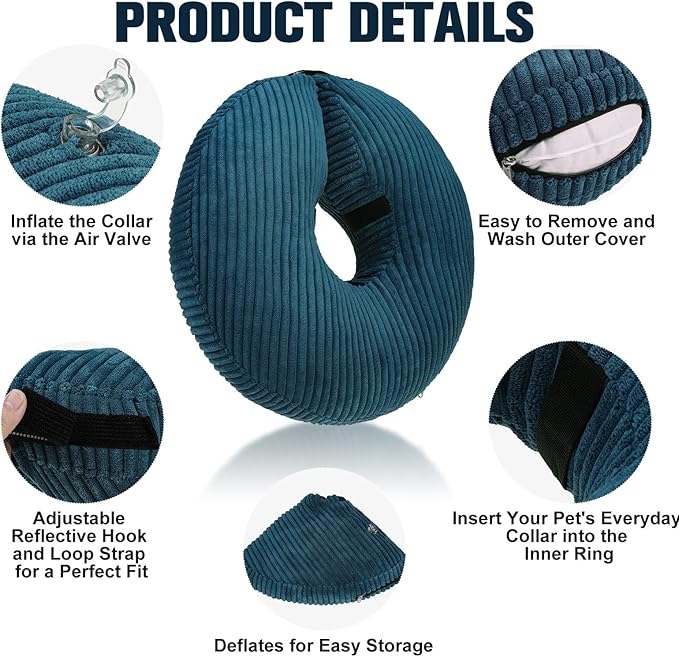 BINGPET Inflatable Dog Cone Collar Alternative After Surgery,Soft Recovery Cone for Dogs to Stop Licking,Protective Neck Donut E Collar Adjustable for Small Medium Large Dogs & Cats(Navy Blue,M)