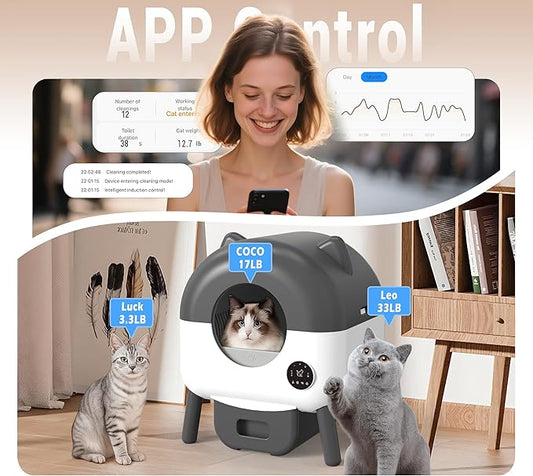Automatic Self Cleaning Litter Box, MeowWhimsy Extra Large Automatic Cat Litter Box Self Cleaning Robot S7 for Cats, Smart Safety Sensors-App Control-Low Noise, Washable Tray,40 pcs Trash Bag