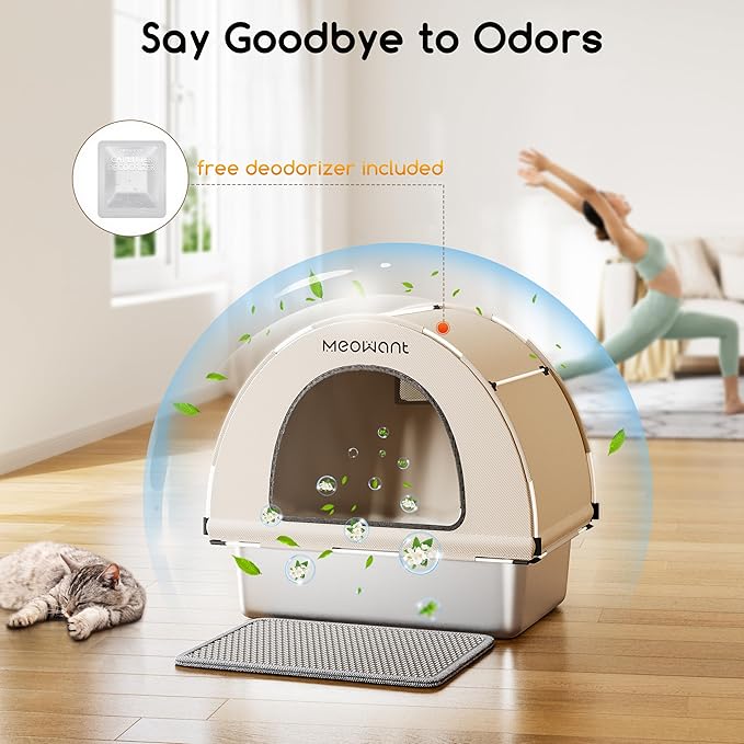 Meowant Enclosed Stainless Steel Cat Litter Box, Extra Large 3-in-1 Covered Litter Box with High Sided Oxford Fabric Cover, Metal Scoop, Leakproof, Odor Resistant, Non-Sticky, Easy Cleaning