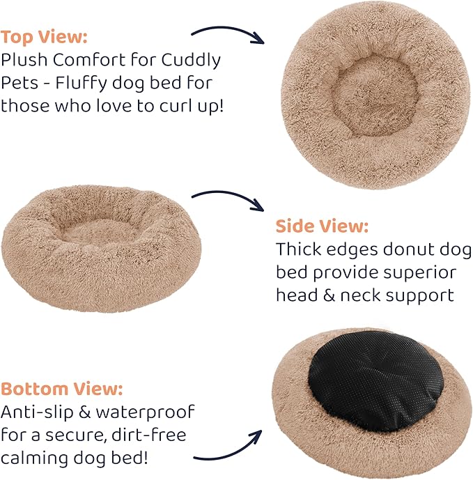 Donut Dog Bed - Premium Comfort for Anxiety Relief - Fluffy & Calming Design with Ultra-Plush Support | Cozy Round Dog Bed with Super Soft Circle Style (Size L Camel)