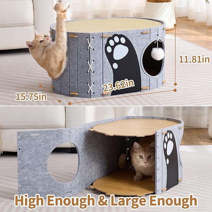 Cat House for Indoor Cats, 23" x 15" x 12" Large Felt Covered Cat Cave for Multiple Cats,Clawsable Enclosed Cat Hideout Houses & Condos with Fluffy Ball,Cozy Scratch Resistant House for kitty