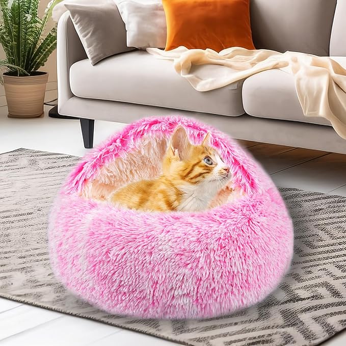 Cat Beds for Indoor Cats,Cat Cave for Puppy and Kitty,Calming Small Dog Bed for Small Dogs with Cover Cave,Cozy Warming Fluffy Washable Anti-Slip Pet Sleeping Bag (20 * 20inch,Pink)