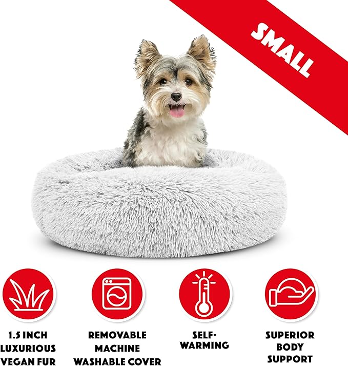 The Dog's Balls Sound Sleep Donut Dog Bed, Small Ice White Fur Calming Nest Bed, Veterinary Approved